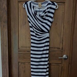 Kasper Navy & White Striped Cowl Neck Bodycon Style Back Tie Dress. Size Medium.